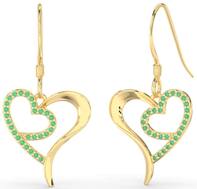 Emerald Gold Heart Dangle Earrings