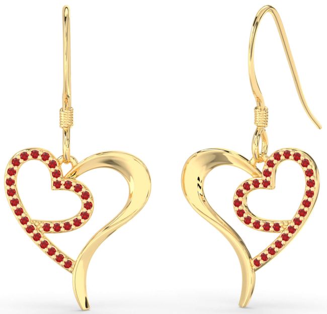 Ruby Gold Heart Dangle Earrings