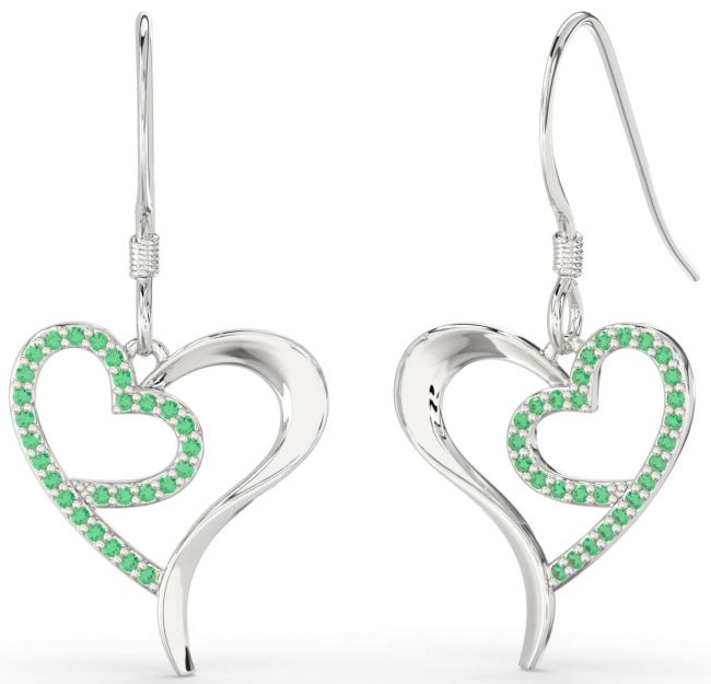 Emerald Silver Heart Dangle Earrings