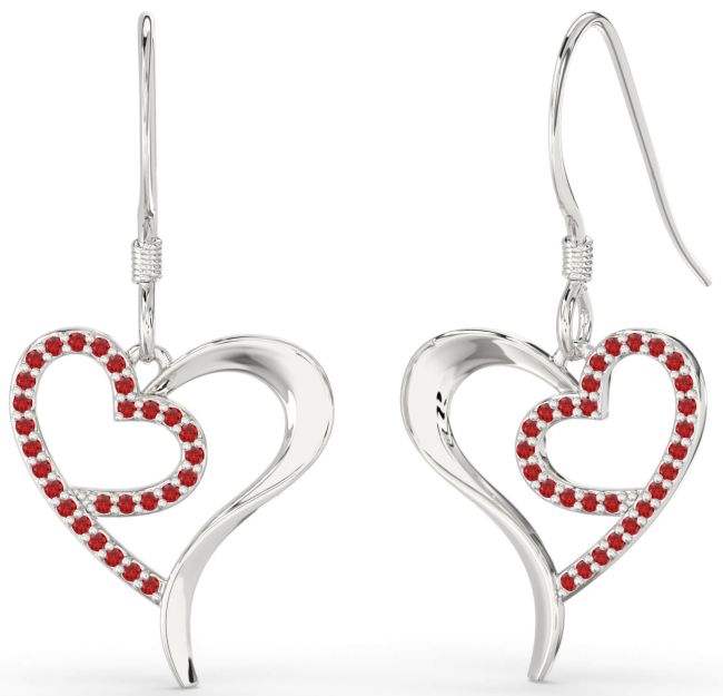 Ruby Silver Heart Dangle Earrings