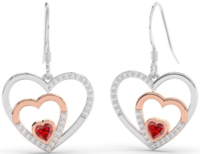 Diamond Ruby Silver & 10K Rose Gold Heart Dangle Earrings