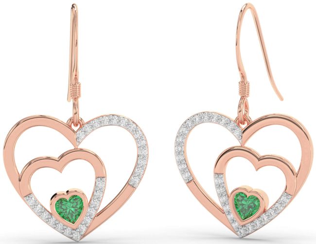 Diamond Emerald Rose Gold Heart Dangle Earrings
