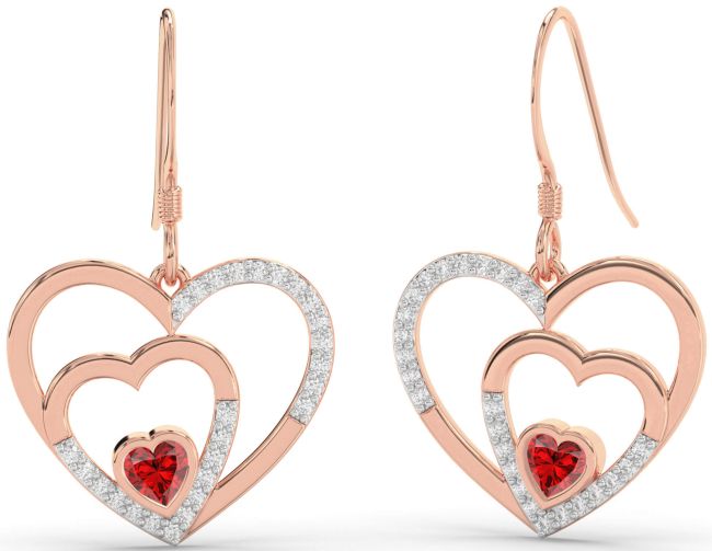 Diamond Ruby Rose Gold Heart Dangle Earrings
