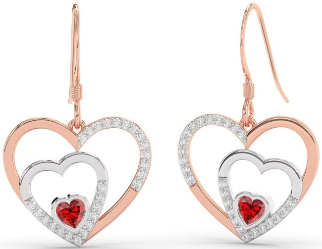 Diamond Ruby White Rose Gold Heart Dangle Earrings