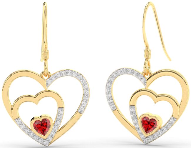 Diamond Ruby Gold Heart Dangle Earrings