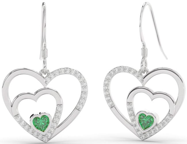 Diamond Emerald White Gold Heart Dangle Earrings