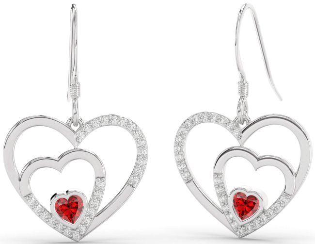 Diamond Ruby Platinum Heart Dangle Earrings