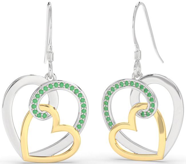 Emerald Gold Silver Heart Dangle Earrings