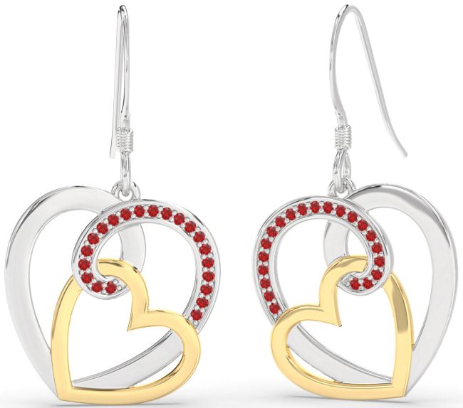 Ruby Gold Silver Heart Dangle Earrings