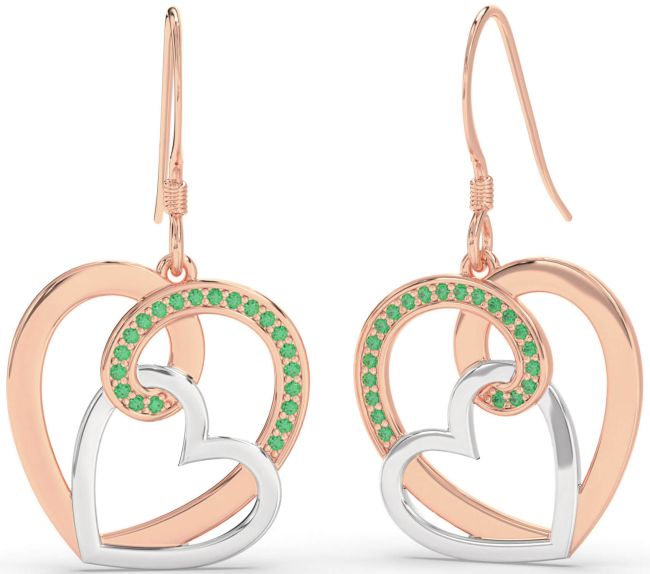 Emerald White Rose Gold Heart Dangle Earrings