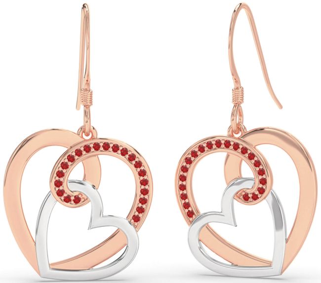 Ruby White Rose Gold Heart Dangle Earrings