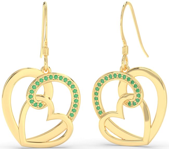 Emerald Gold Silver Heart Dangle Earrings