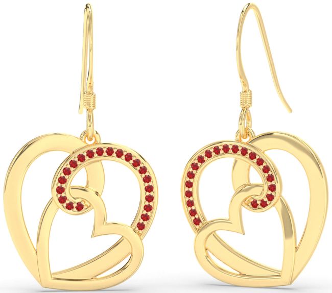 Ruby Gold Heart Dangle Earrings