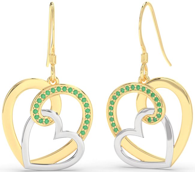 Emerald Gold Silver Heart Dangle Earrings