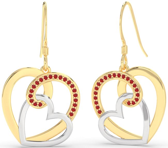Ruby Gold Silver Heart Dangle Earrings