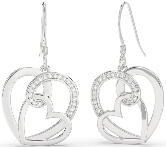 Diamond Silver Heart Dangle Earrings