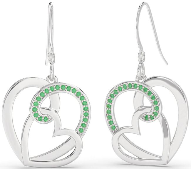Emerald White Gold Heart Dangle Earrings