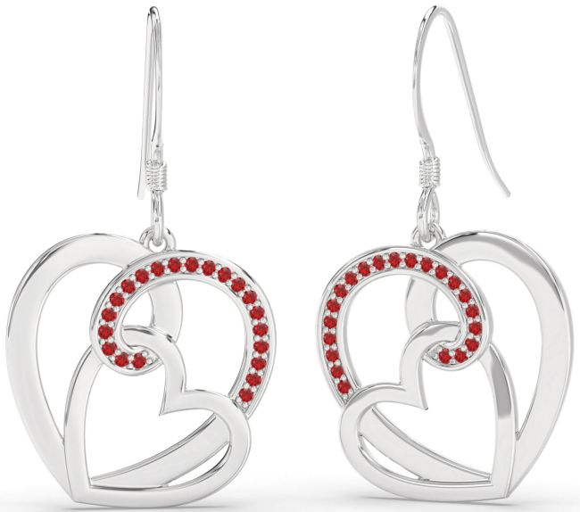 Ruby Silver Heart Dangle Earrings