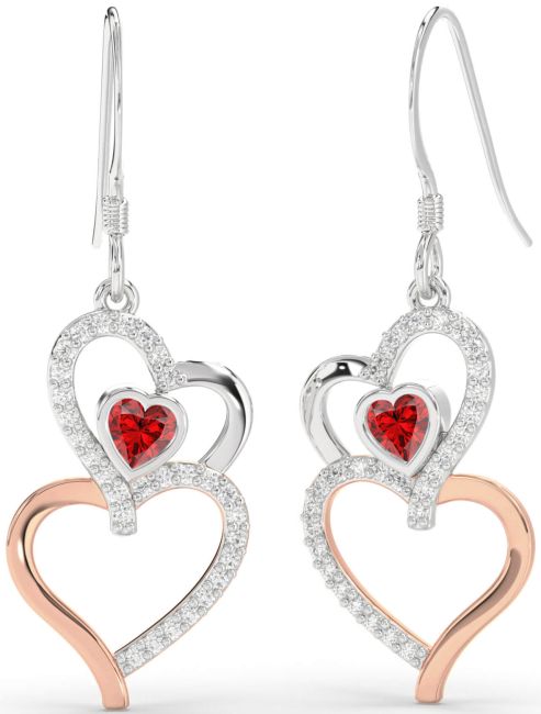 Diamond Ruby Silver & 10K Rose Gold Heart Dangle Earrings