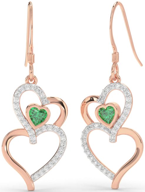 Diamond Emerald Rose Gold Heart Dangle Earrings