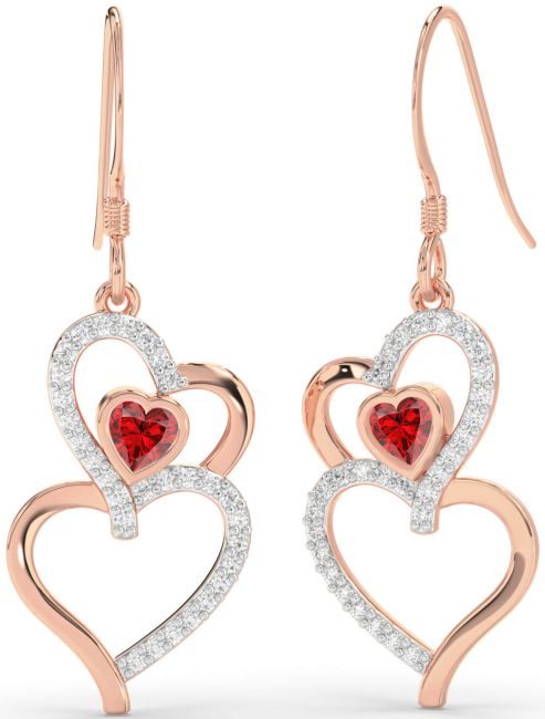 Diamond Ruby Rose Gold Heart Dangle Earrings