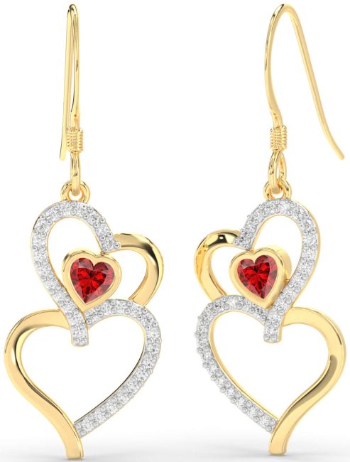 Diamond Ruby Gold Heart Dangle Earrings