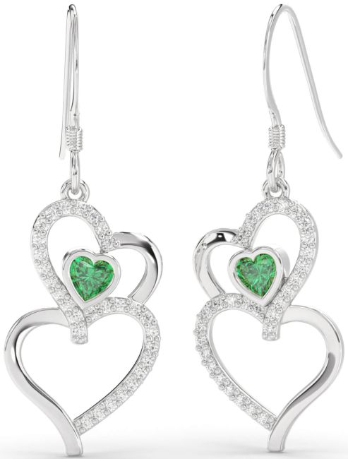 Diamond Emerald White Gold Heart Dangle Earrings