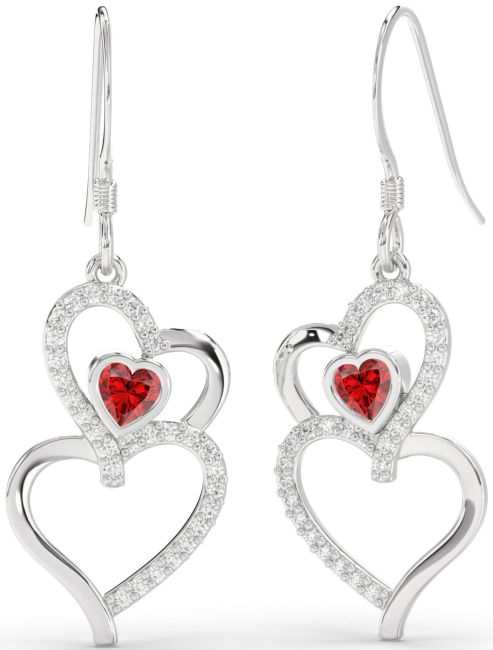Diamond Ruby Platinum Heart Dangle Earrings