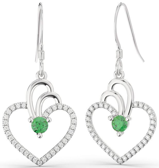Diamond Emerald Platinum Heart Dangle Earrings