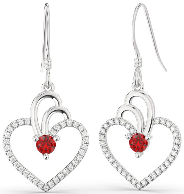 Diamond Ruby Platinum Heart Dangle Earrings
