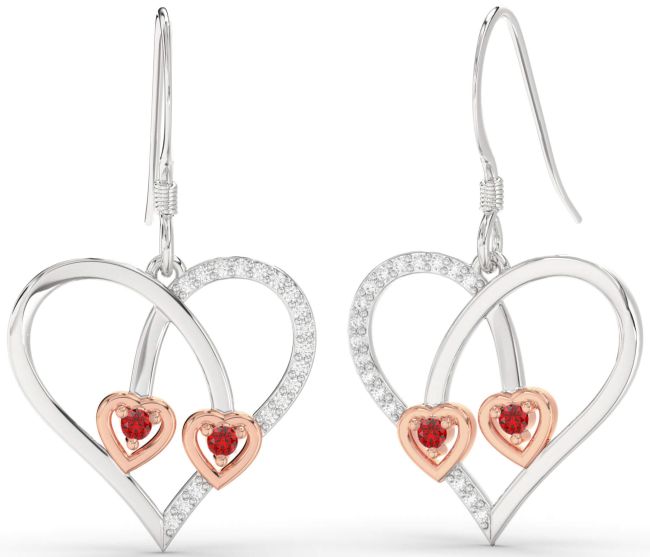 Diamond Ruby Silver & 10K Rose Gold Heart Dangle Earrings