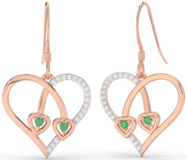 Diamond Emerald Rose Gold Heart Dangle Earrings