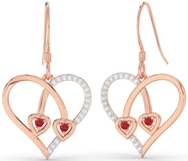 Diamond Ruby Rose Gold Heart Dangle Earrings