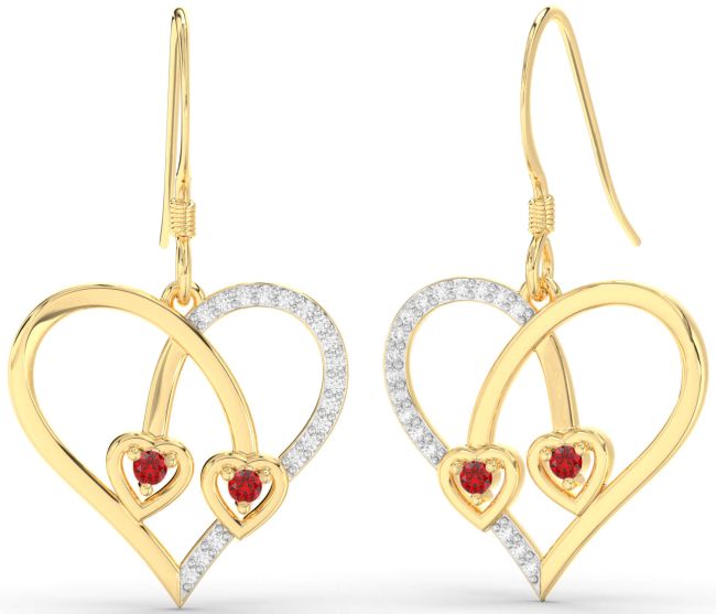 Diamond Ruby Gold Heart Dangle Earrings