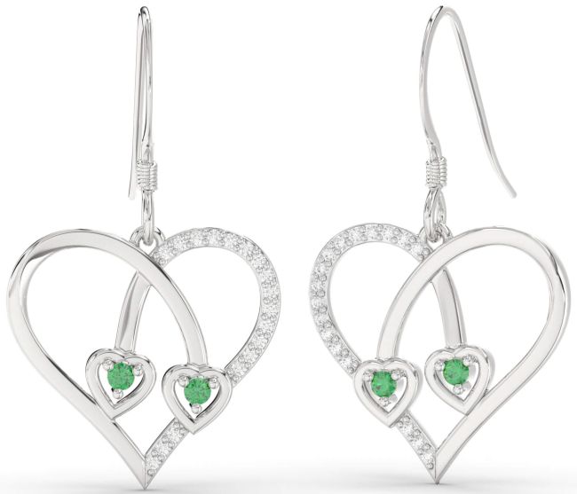 Diamond Emerald Silver Heart Dangle Earrings