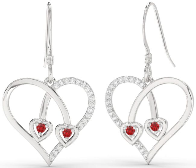 Diamond Ruby White Gold Heart Dangle Earrings