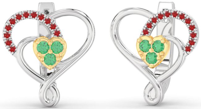Emerald & Ruby Gold Silver Heart Dangle Earrings