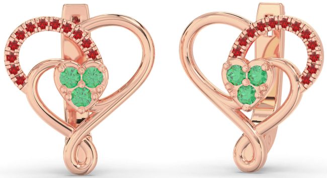 Emerald & Ruby Rose Gold Heart Dangle Earrings