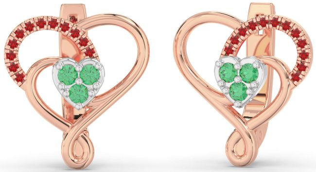 Emerald & Ruby White Rose Gold Heart Dangle Earrings