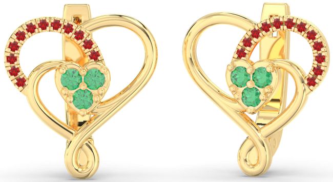 Emerald & Ruby Gold Heart Dangle Earrings