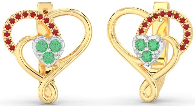 Emerald & Ruby Gold Silver Heart Dangle Earrings