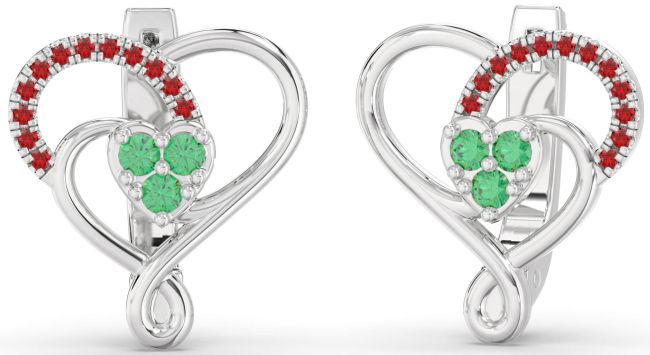 Emerald & Ruby Platinum Heart Dangle Earrings
