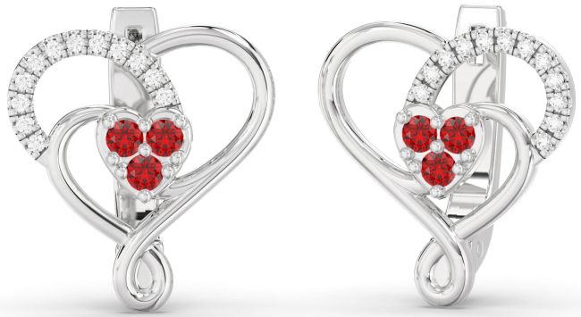 Diamond & Ruby Silver Heart Dangle Earrings