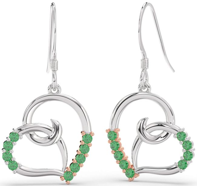 Emerald Rose Gold Silver Heart Dangle Earrings