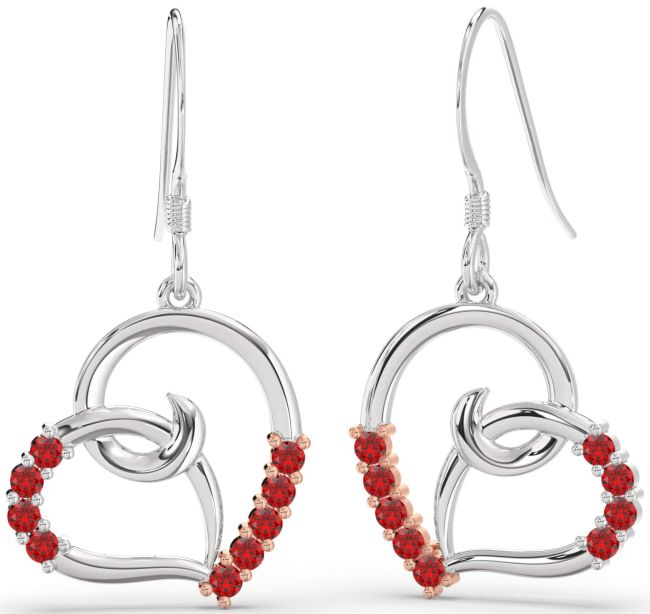 Ruby Platinum & Rose Gold Heart Dangle Earrings