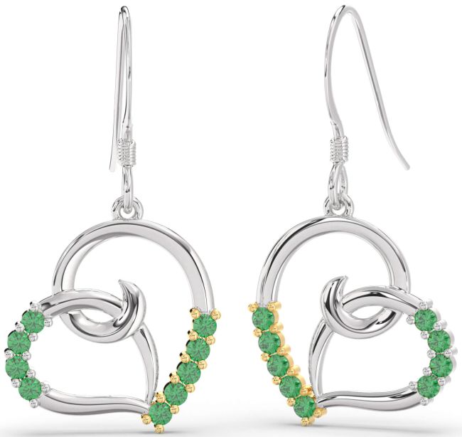Emerald White Yellow Gold Heart Dangle Earrings