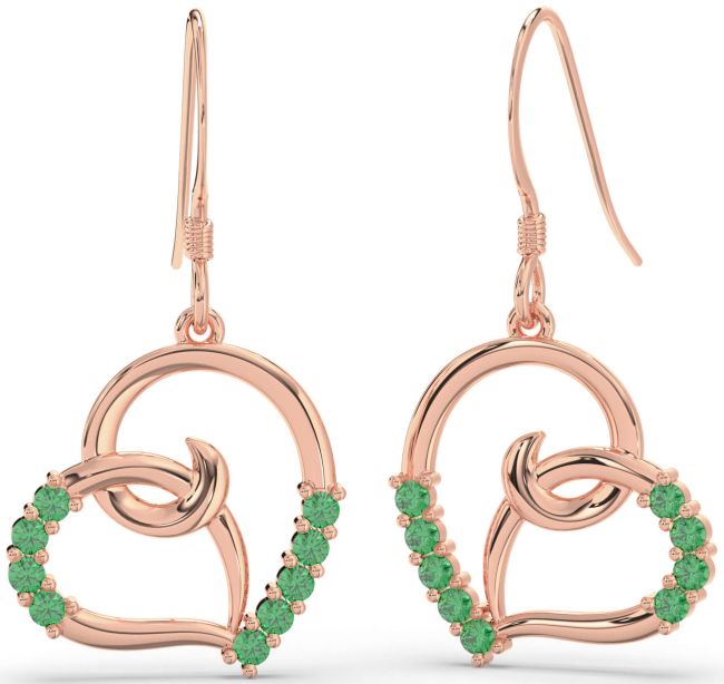 Emerald Rose Gold Heart Dangle Earrings