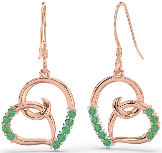 Emerald Rose Gold Silver Heart Dangle Earrings