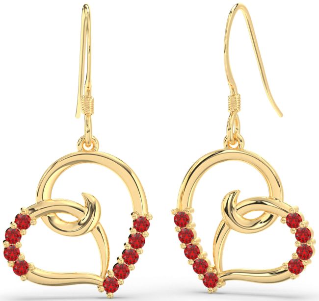 Ruby Gold Heart Dangle Earrings