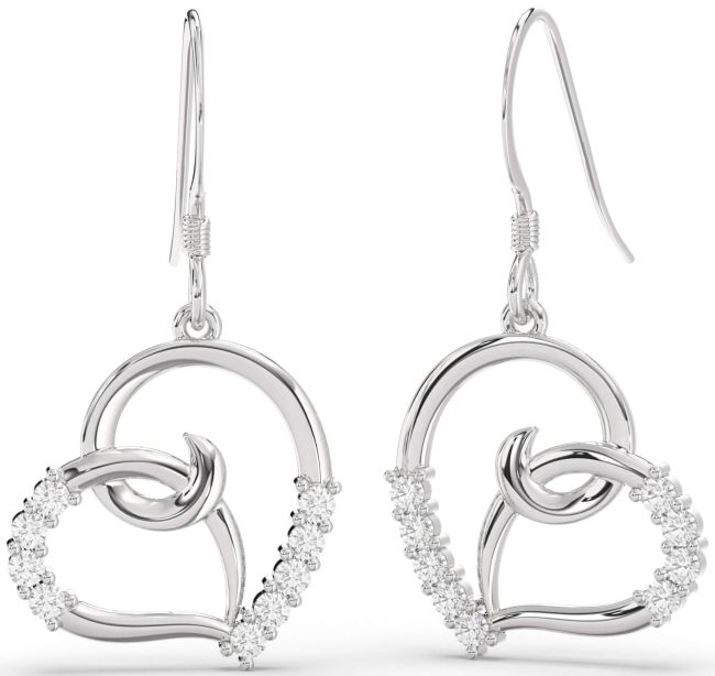Diamond Silver Heart Dangle Earrings